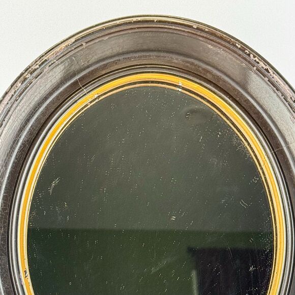 Antique Round Beveled Wall Mirror with Wooden Frame & Gilt Detail – 12” - Picture 2 of 8